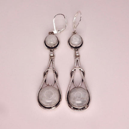 Vintage Rainbow Moonstone Dangle Earrings Sterling Silver Leverbacks