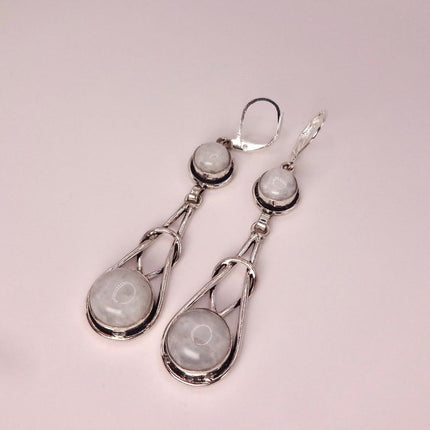 Vintage Rainbow Moonstone Dangle Earrings Sterling Silver Leverbacks