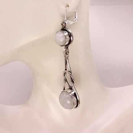 Vintage Rainbow Moonstone Dangle Earrings Sterling Silver Leverbacks