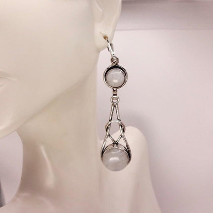 Vintage Rainbow Moonstone Dangle Earrings Sterling Silver Leverbacks