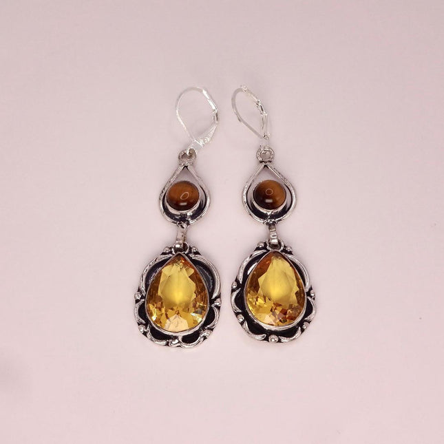 Vintage Yellow Citrine Glass Silver Chandelier Drop Earrings | 925 sterling Silver Lever Backs
