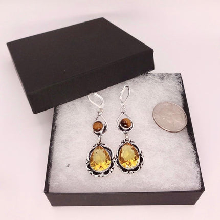 Vintage Yellow Citrine Glass Silver Chandelier Drop Earrings | 925 sterling Silver Lever Backs