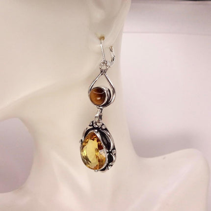 Vintage Yellow Citrine Glass Silver Chandelier Drop Earrings | 925 sterling Silver Lever Backs