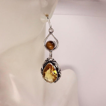 Vintage Yellow Citrine Glass Silver Chandelier Drop Earrings | 925 sterling Silver Lever Backs