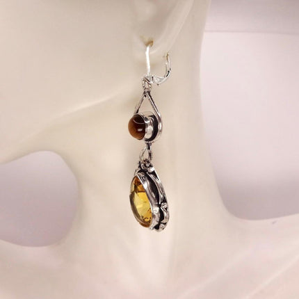 Vintage Yellow Citrine Glass Silver Chandelier Drop Earrings | 925 sterling Silver Lever Backs