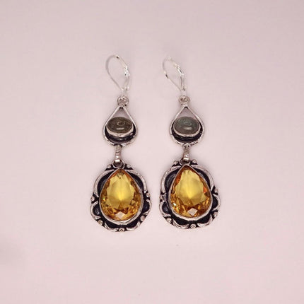 Vintage Yellow Citrine Glass Silver Chandelier Drop Earrings | 925 sterling Silver Lever Backs