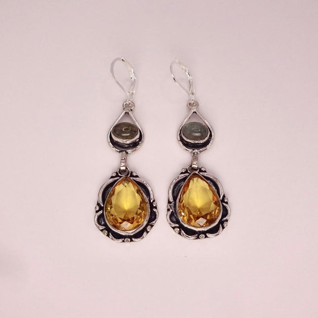 Vintage Yellow Citrine Glass Silver Chandelier Drop Earrings | 925 sterling Silver Lever Backs