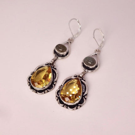 Vintage Yellow Citrine Glass Silver Chandelier Drop Earrings | 925 sterling Silver Lever Backs