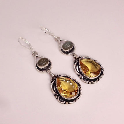 Vintage Yellow Citrine Glass Silver Chandelier Drop Earrings | 925 sterling Silver Lever Backs