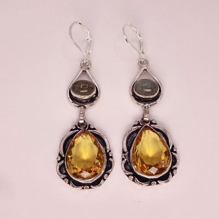 Vintage Yellow Citrine Glass Silver Chandelier Drop Earrings | 925 sterling Silver Lever Backs