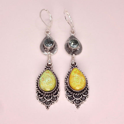 Vintage Green Yellow Glass Dangle Earrings Sterling Silver Leverbacks