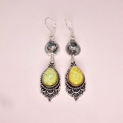 Vintage Green Yellow Glass Dangle Earrings Sterling Silver Leverbacks
