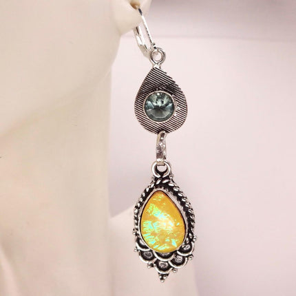 Vintage Green Yellow Glass Dangle Earrings Sterling Silver Leverbacks