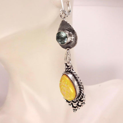 Vintage Green Yellow Glass Dangle Earrings Sterling Silver Leverbacks