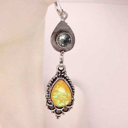 Vintage Green Yellow Glass Dangle Earrings Sterling Silver Leverbacks