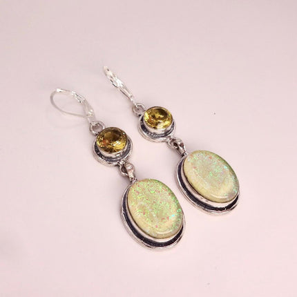 Vintage Green Yellow Glass Dangle Earrings Sterling Silver Leverbacks