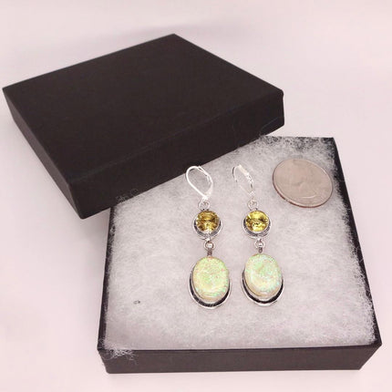 Vintage Green Yellow Glass Dangle Earrings Sterling Silver Leverbacks
