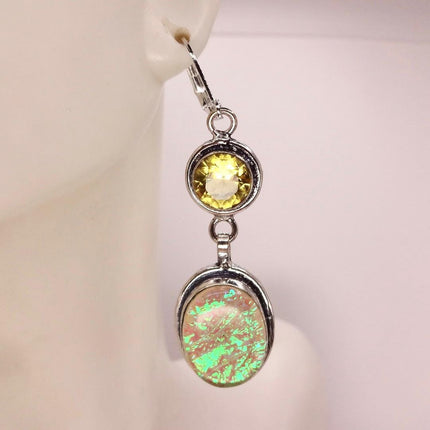Vintage Green Yellow Glass Dangle Earrings Sterling Silver Leverbacks