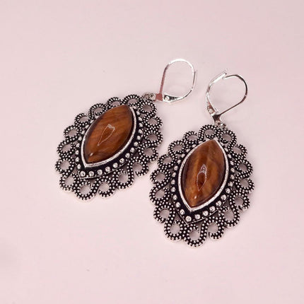 Vintage Tigers Eye Dangle Earrings Sterling Silver Leverbacks