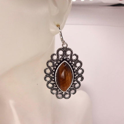 Vintage Tigers Eye Dangle Earrings Sterling Silver Leverbacks