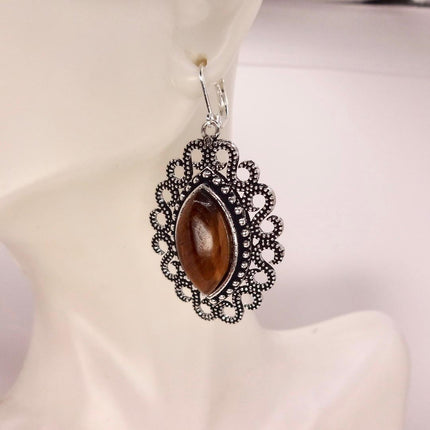 Vintage Tigers Eye Dangle Earrings Sterling Silver Leverbacks