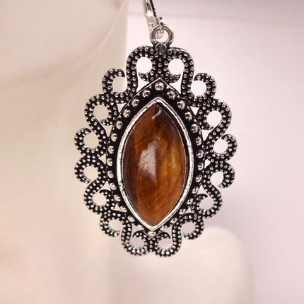 Vintage Tigers Eye Dangle Earrings Sterling Silver Leverbacks