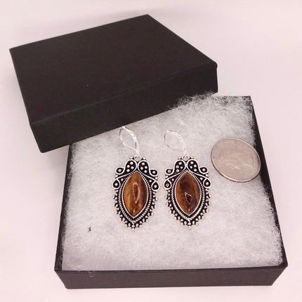 Vintage Tigers Eye Dangle Earrings Sterling Silver Leverbacks
