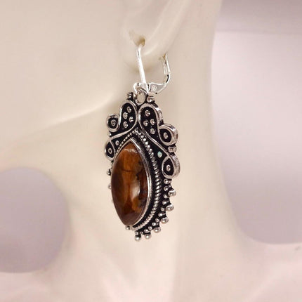 Vintage Tigers Eye Dangle Earrings Sterling Silver Leverbacks