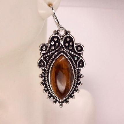 Vintage Tigers Eye Dangle Earrings Sterling Silver Leverbacks
