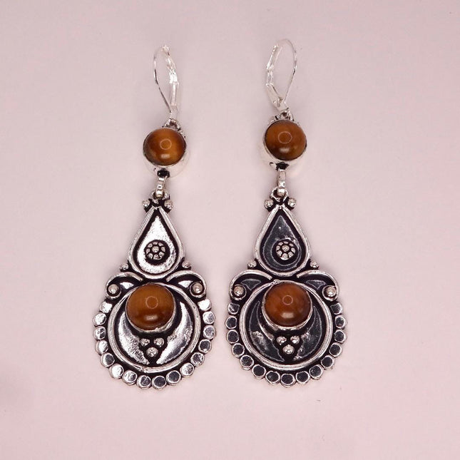 Vintage Tigers Eye Dangle Earrings Sterling Silver Leverbacks
