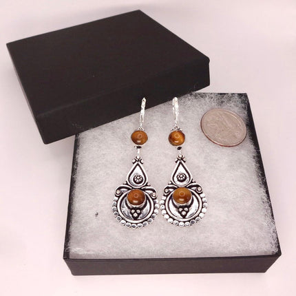 Vintage Tigers Eye Dangle Earrings Sterling Silver Leverbacks