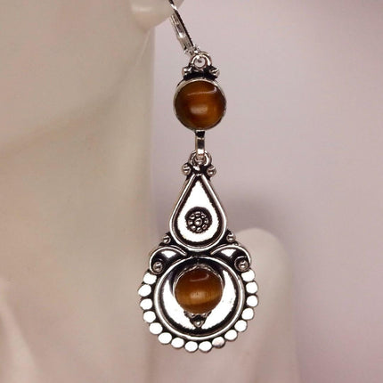 Vintage Tigers Eye Dangle Earrings Sterling Silver Leverbacks