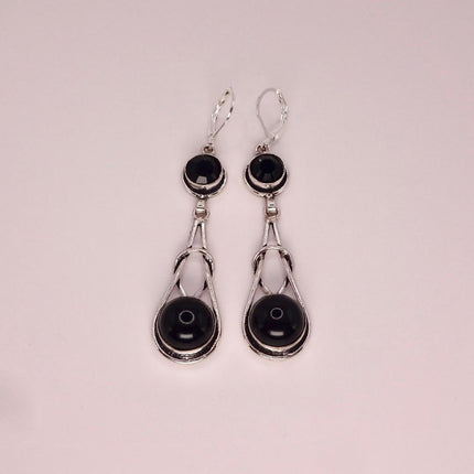 Vintage Black Onyx Dangle Earrings Sterling Silver Leverbacks