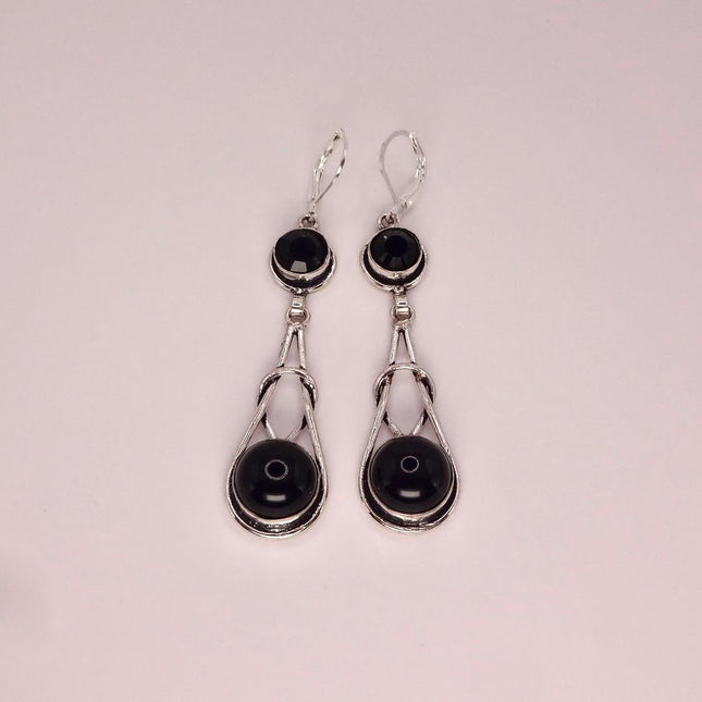 Vintage Black Onyx Dangle Earrings Sterling Silver Leverbacks