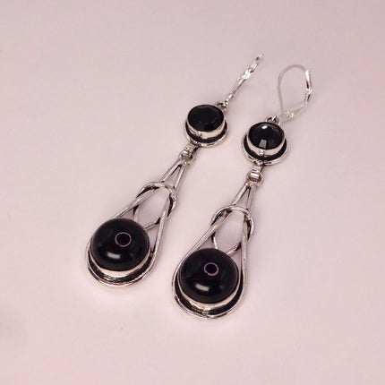 Vintage Black Onyx Dangle Earrings Sterling Silver Leverbacks