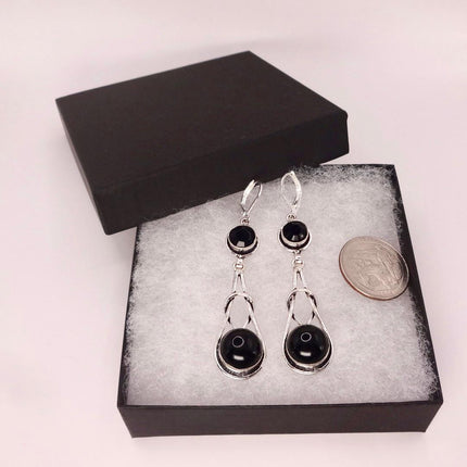 Vintage Black Onyx Dangle Earrings Sterling Silver Leverbacks
