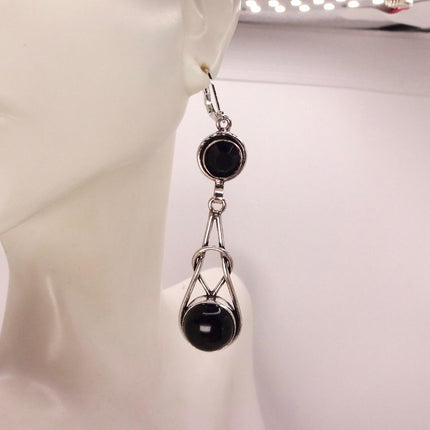 Vintage Black Onyx Dangle Earrings Sterling Silver Leverbacks