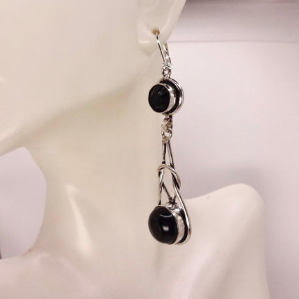 Vintage Black Onyx Dangle Earrings Sterling Silver Leverbacks