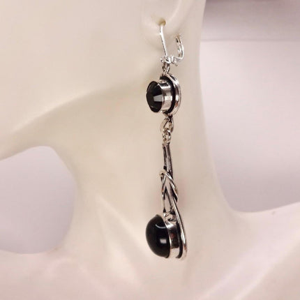 Vintage Black Onyx Dangle Earrings Sterling Silver Leverbacks