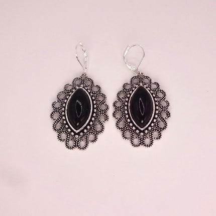 Vintage Black Onyx Dangle Earrings Sterling Silver Leverbacks