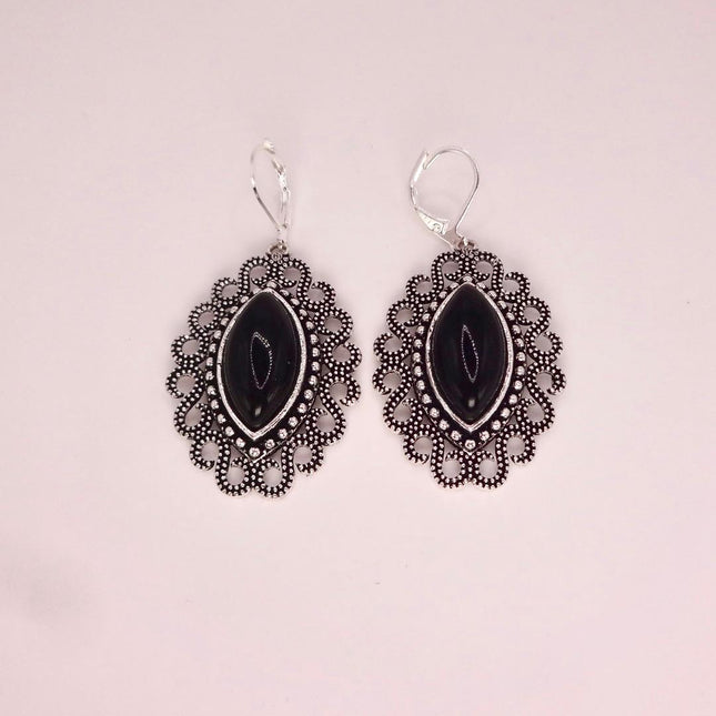 Vintage Black Onyx Dangle Earrings Sterling Silver Leverbacks