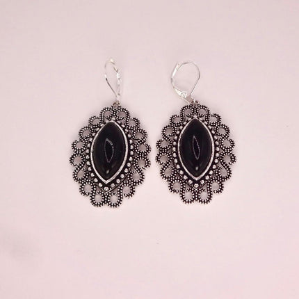 Vintage Black Onyx Dangle Earrings Sterling Silver Leverbacks