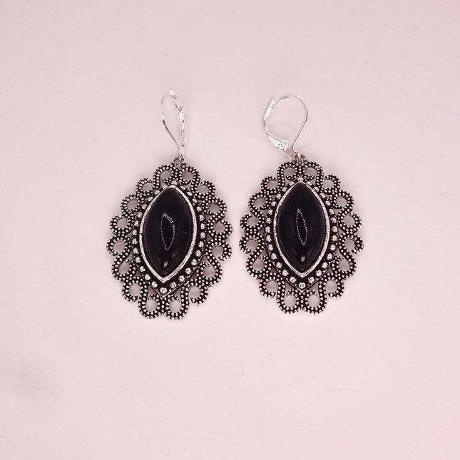 Vintage Black Onyx Dangle Earrings Sterling Silver Leverbacks