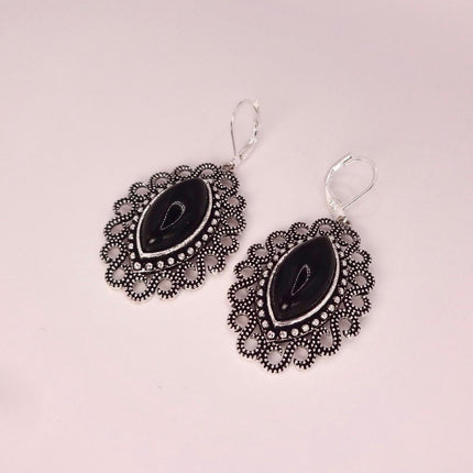 Vintage Black Onyx Dangle Earrings Sterling Silver Leverbacks