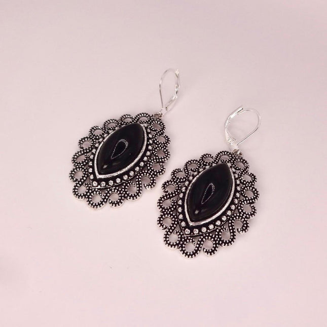 Vintage Black Onyx Dangle Earrings Sterling Silver Leverbacks