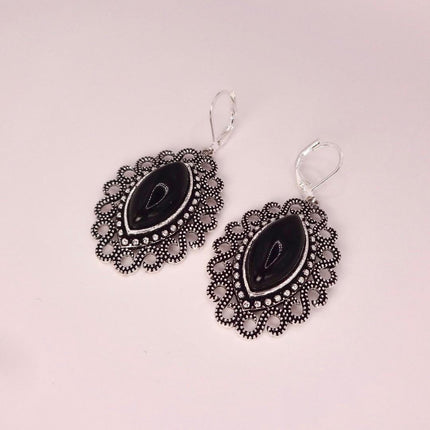 Vintage Black Onyx Dangle Earrings Sterling Silver Leverbacks