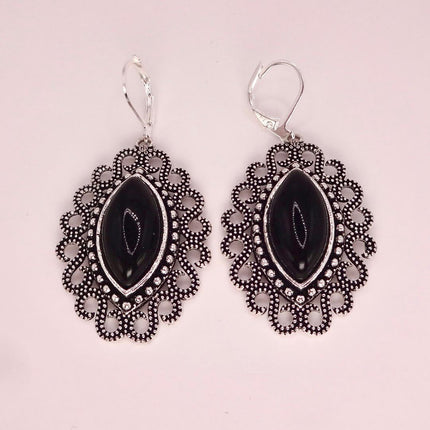 Vintage Black Onyx Dangle Earrings Sterling Silver Leverbacks