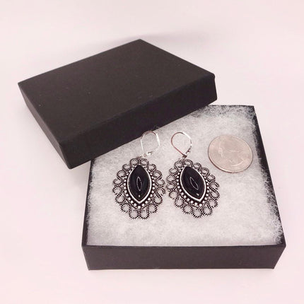 Vintage Black Onyx Dangle Earrings Sterling Silver Leverbacks