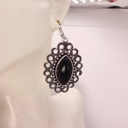 Vintage Black Onyx Dangle Earrings Sterling Silver Leverbacks