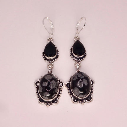 Vintage Snowflake obsidian Black Onyx Dangle Earrings Sterling Silver Leverbacks